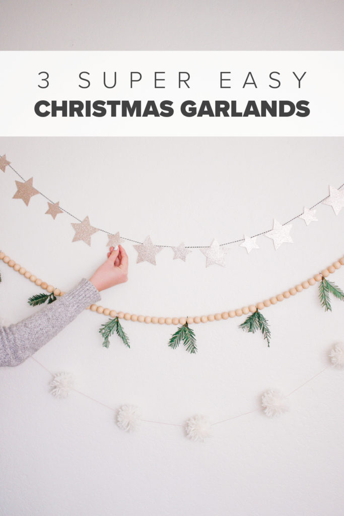 3 Easy DIY Christmas Garlands Under $5. Star garland. Evergreen wood bead garland. Pom Pom Garland