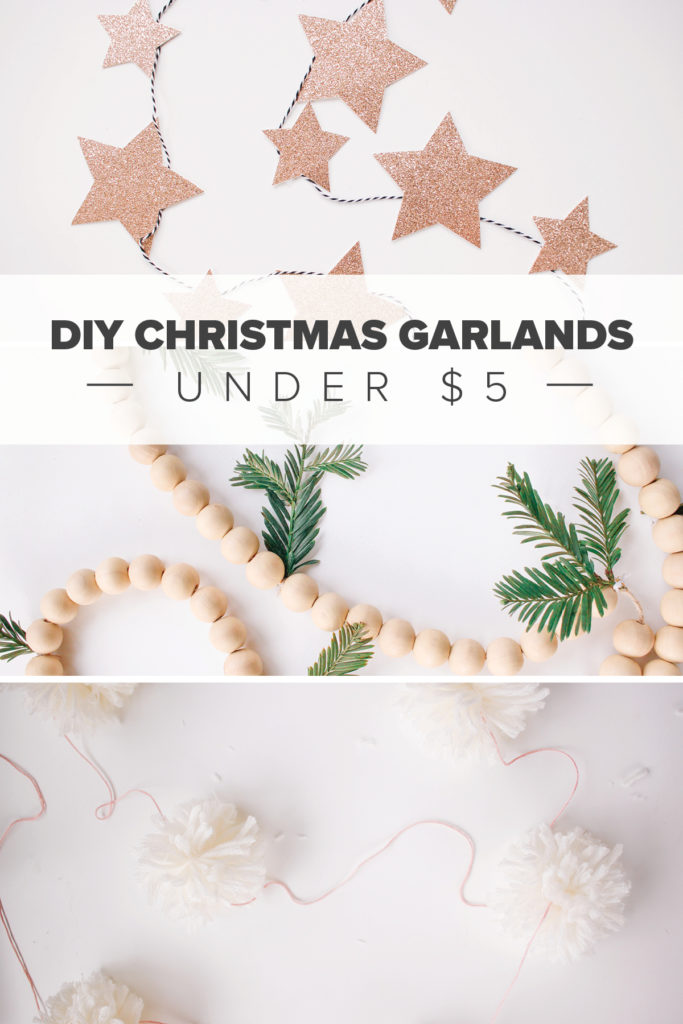 3 Easy DIY Christmas Garlands Under $5. Star garland. Evergreen wood bead garland. Pom Pom Garland