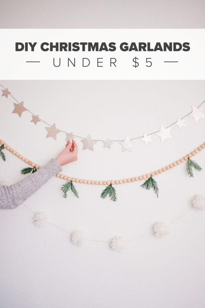 3 Easy DIY Christmas Garlands Under $5. Star garland. Evergreen wood bead garland. Pom Pom Garland