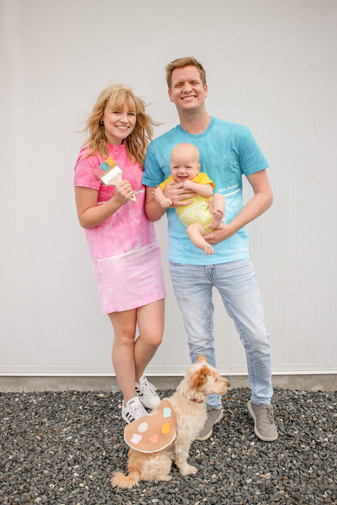 DIY Paint Swatch Family Costume plus a Paint Palette costume for your dog or baby! Make this easy DIY Halloween Costume with Tie Dye!