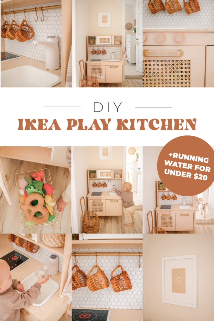 DIY Boho Functional Ikea Play Kitchen Hack using the Duktig kitchen and how to add running water! Plus how to add a backsplash!