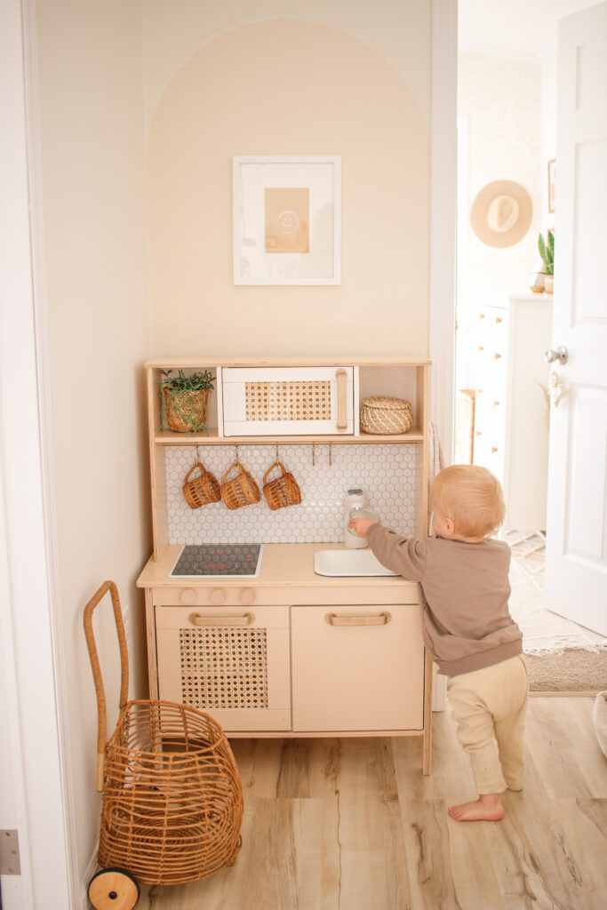 DIY Boho Functional Ikea Play Kitchen Hack using the Duktig kitchen and how to add running water! Plus how to add a backsplash!