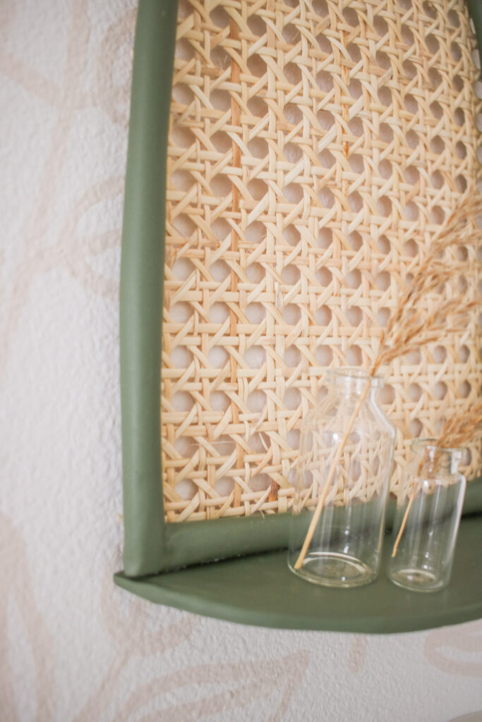 DIY Cane & Clay Arch Rattan Shelf that uses NO power tools and is so easy to make for the perfect boho home decor!