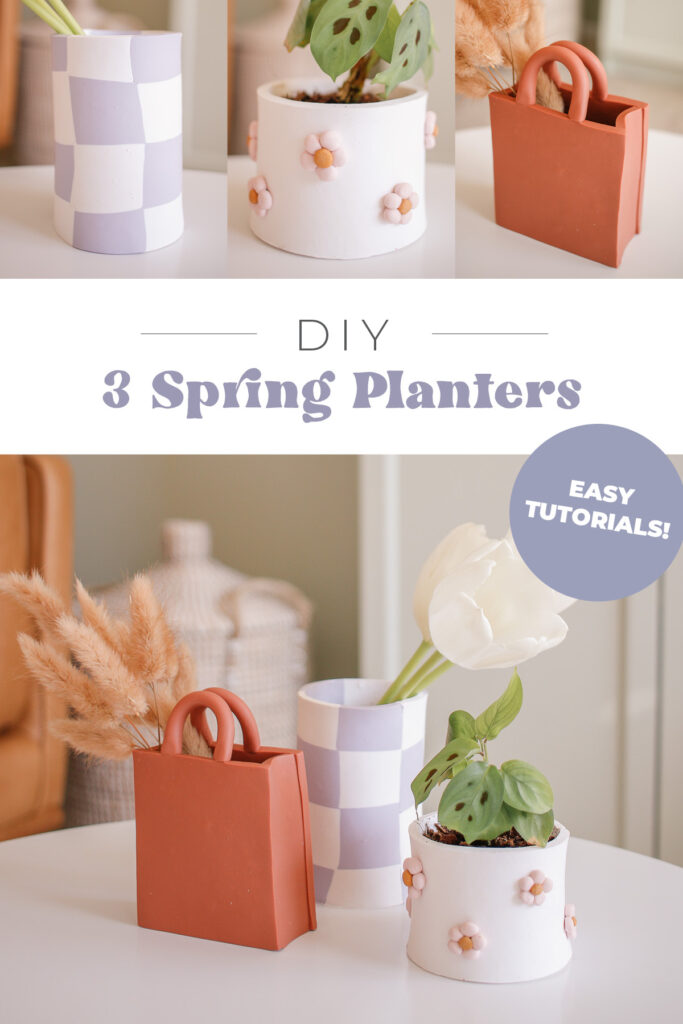 3 DIY Spring Planters made with polymer Sculpey clay. A checkered vase, a purse vase and a daisy flower planter.